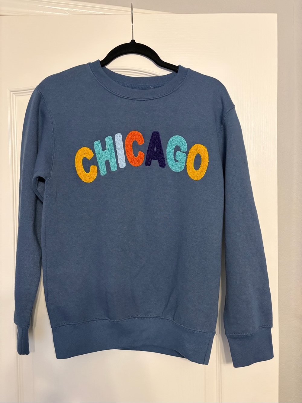 Blue Crewneck Sweatshirt with Multi-Color Chenille 'CHICAGO' Letters
